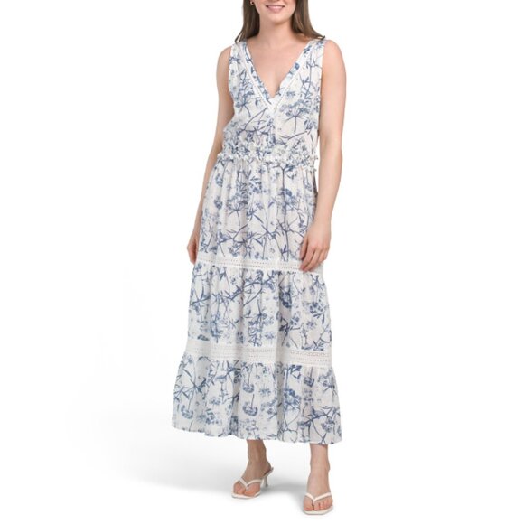 120 LINO Air Blue Linen Printed Woman Maxi Dress